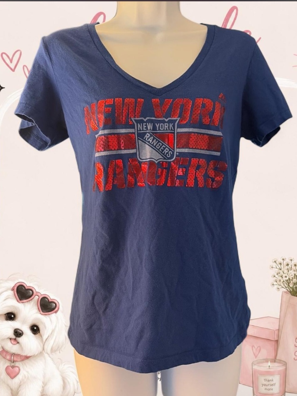 NHL Navy V-Neck New York Rangers Tee with Red Logo